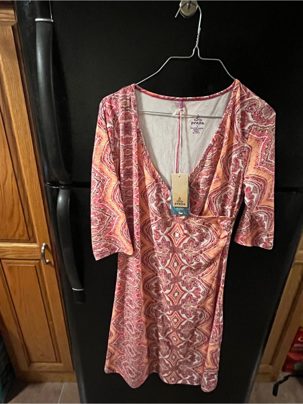 New prAna Dress Womens L Pink Nadia Paisley Faux Wrap V-Neck 3/4 Sleeve Floral L